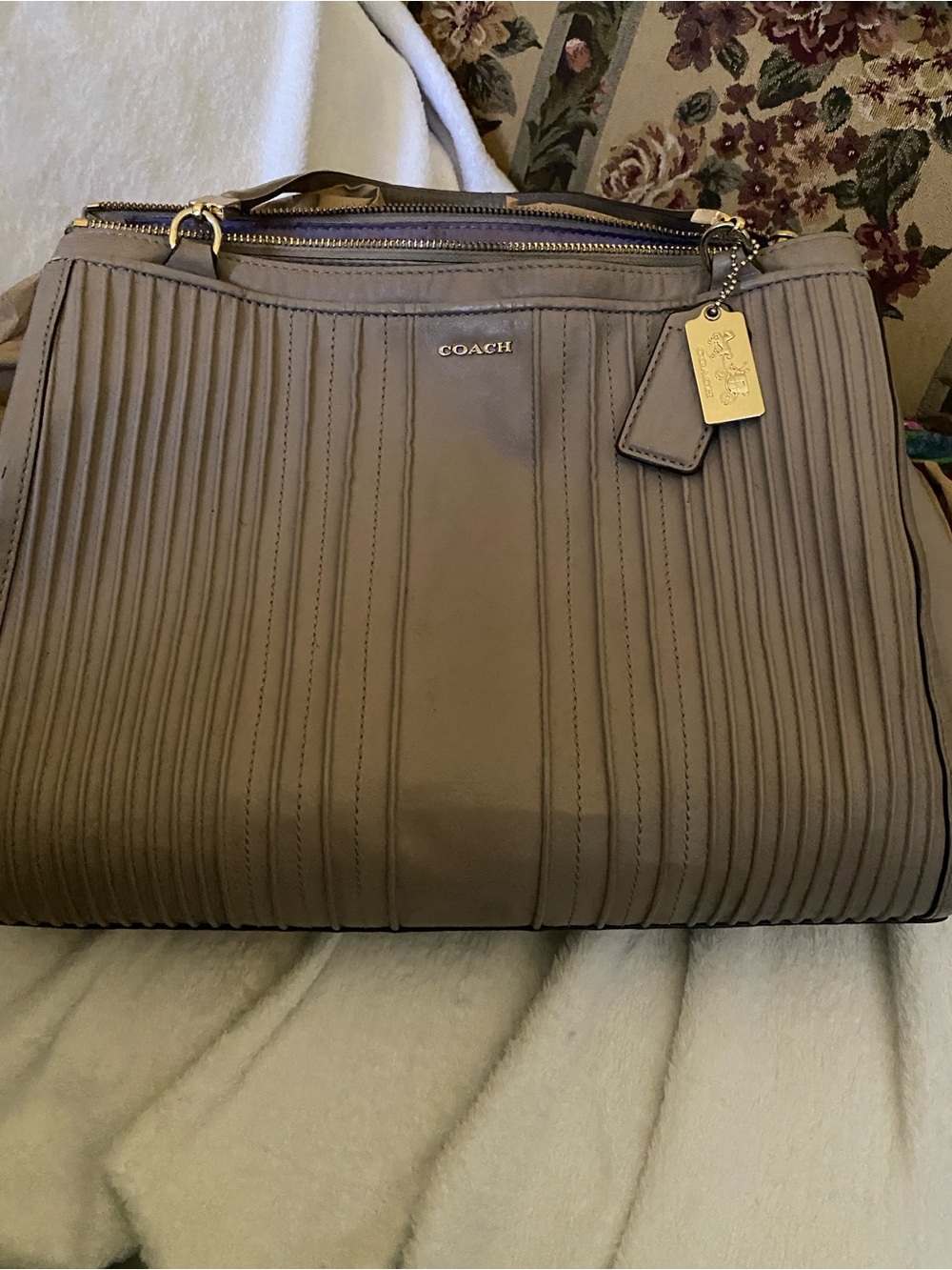 Coach Taupe Pleated Leather Satchel with Gold Hardware